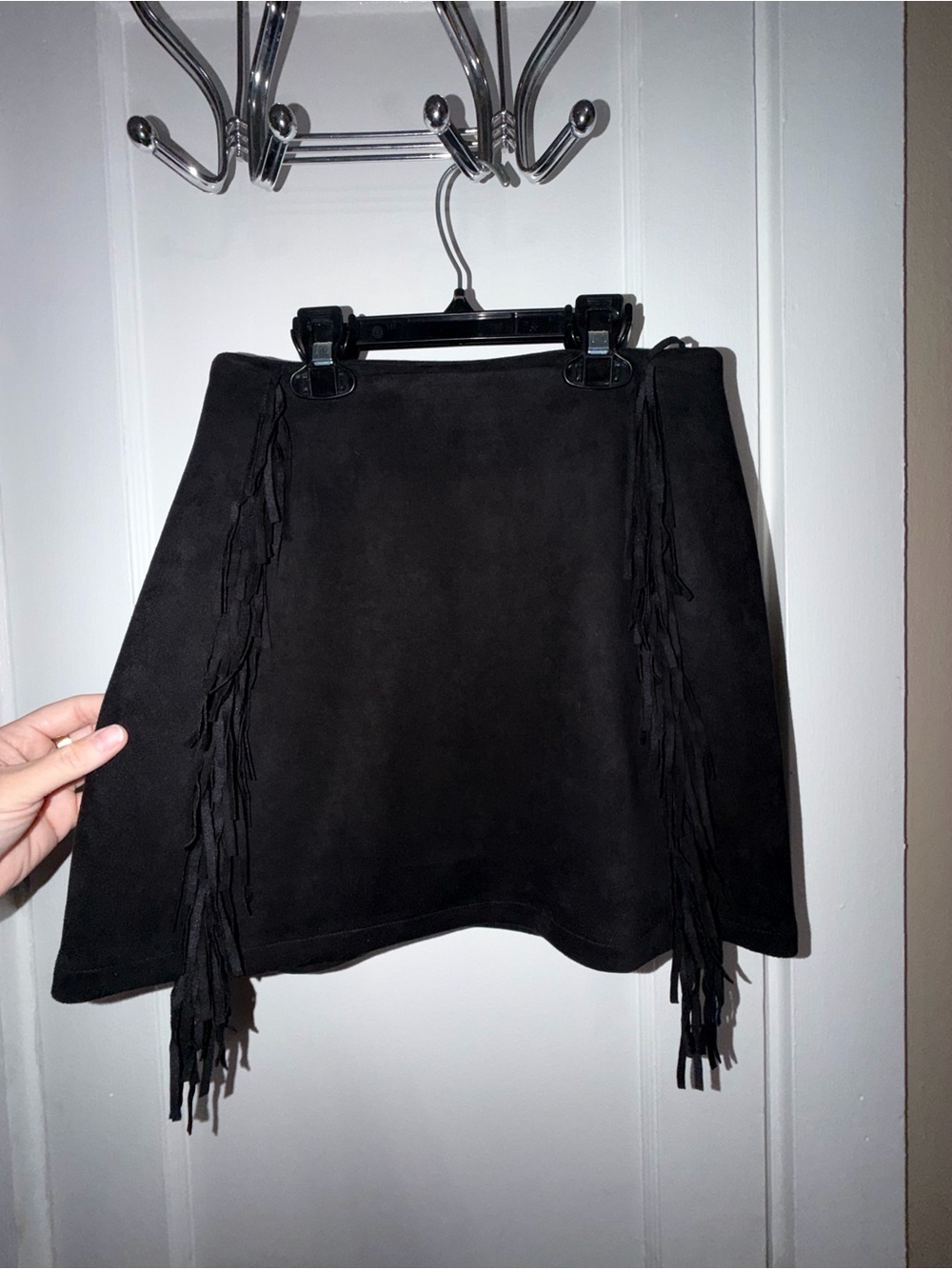 Chelsea & Violet Black Suede-Style with Fringe Skirt